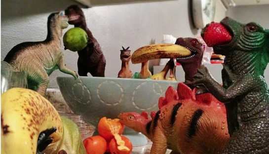 dinos had climbed onto the kitchen counter to raid the fruit bowl