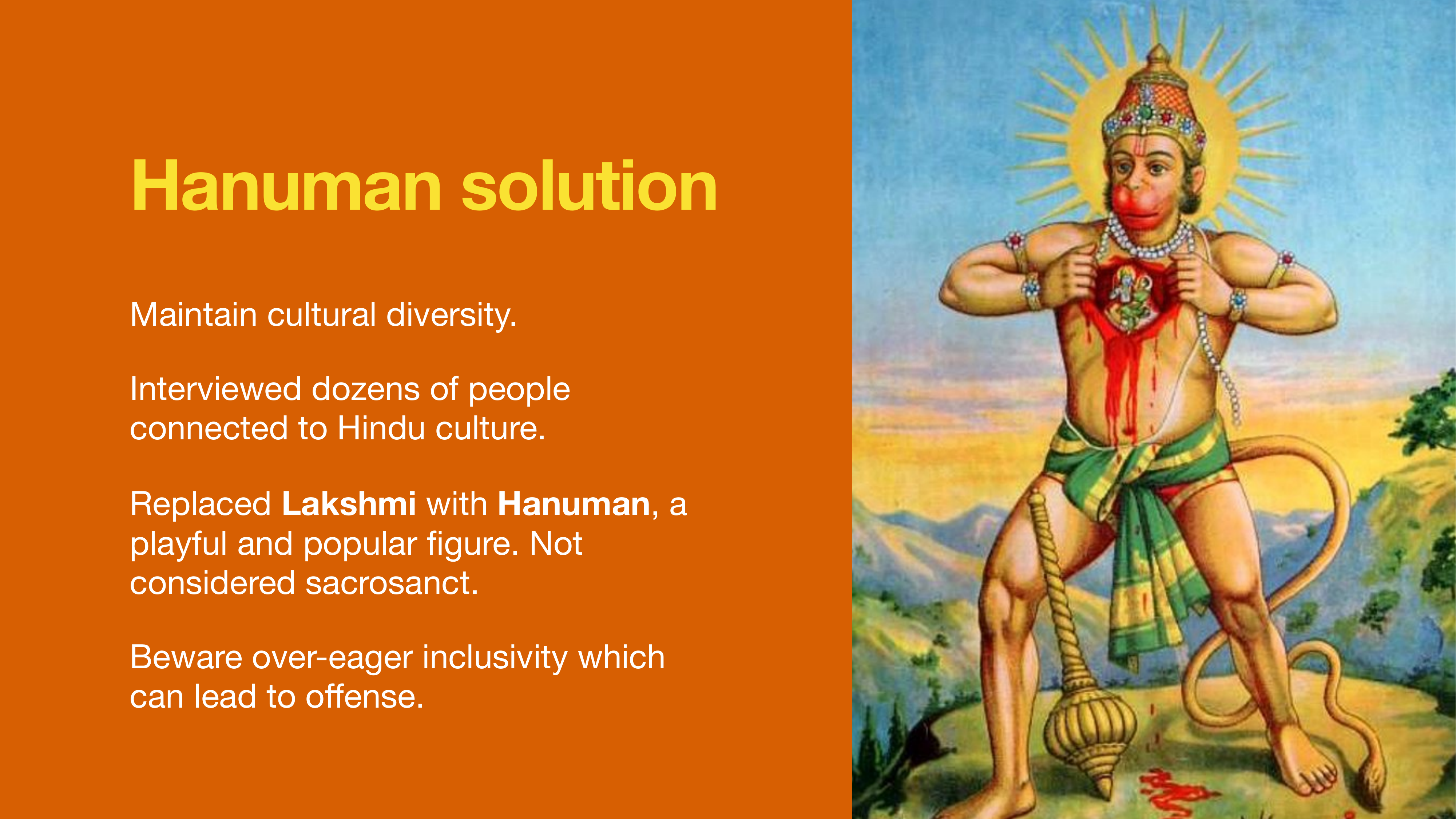 Traditional painting of Hanuman with text explaining the solution: maintain cultural diversity while respecting sacred figures