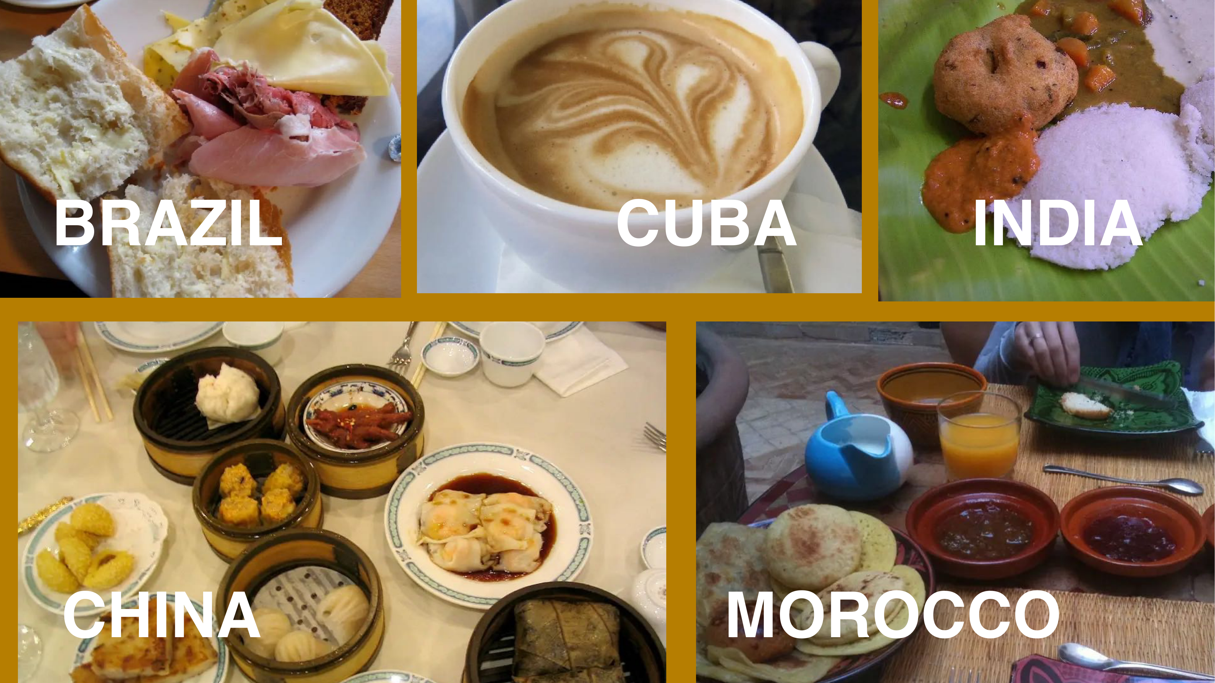 Breakfasts from Brazil, Cuba, India, China, and Morocco showing global diversity